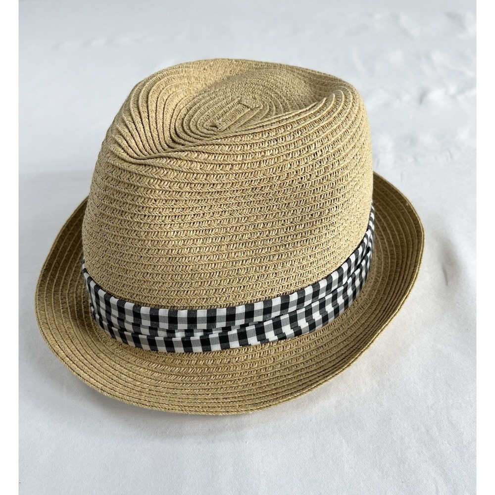 Tan Woven‎ Straw Fedora Hat Black White Gingham Ribbon Band Summer Beach Sun Hat